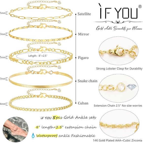 Gorgeous Waterproof Gold Anklet Set - 5 Layered Cuban Link Bracelets for Women - Picture 4 of 5
